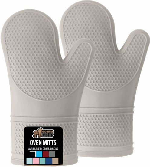 Picture of Gorilla Grip BPA-Free Soft Silicone Oven Mitts, Heat and Slip Resistant Thick Cotton Lined Cooking Mitt Set, Long Flexible Potholders Protect Hands, Kitchen Essential Waterproof Gloves, 12.5" Almond