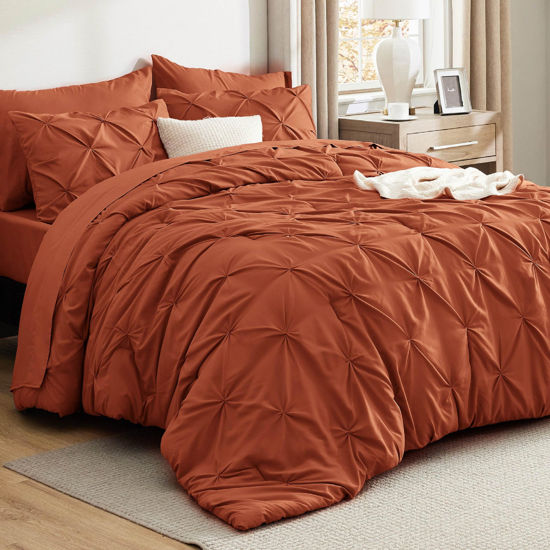 Picture of Bedsure California King Comforter Set Burnt Orange - Bed in a Bag California King Size 7 Pieces, Pintuck Bed Set Gift for Family, Pinch Pleat Burnt Orange Comforter with Sheets, Pillowcases & Shams