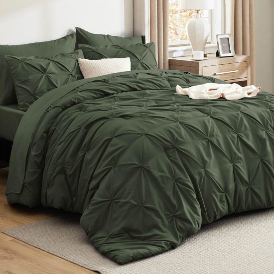 Picture of Bedsure Queen Comforter Set Olive Green - Bed in a Bag Queen Size 7 Pieces, GentleSoft™ Pintuck Bed Set Gift for Family, Pinch Pleat Olive Green Comforter with Sheets, Pillowcases & Shams