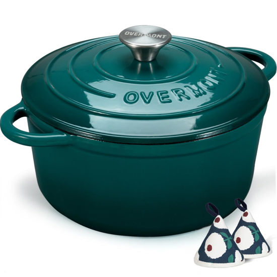 Picture of Overmont Enameled Cast Iron Dutch Oven - 5.5QT Pot with Lid Cookbook & Cotton Potholders - Heavy-Duty Cookware for Braising, Stews, Roasting, Bread Baking bottle green