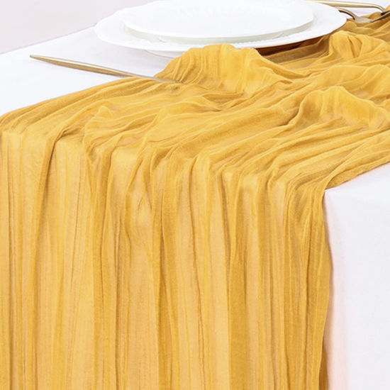 Picture of Socomi Cheesecloth Table Runner 10ft Gauze Boho Rustic Gold Yellow Cheese Cloth Table Runner for Baby Shower Decoration Wedding Easter Summer Table Runner 3pcs