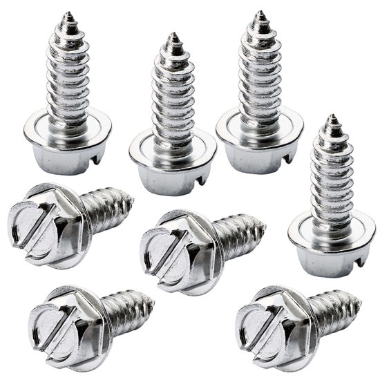 Picture of Chrome License Plate Screw Kit - Set of 8 Stainless Steel Fasteners for License Plates, Frames, and Covers on Domestic Cars, Trucks, Vans, SUVs - Rustproof, Self Tapping Mounting Bolts (Chrome Plated)