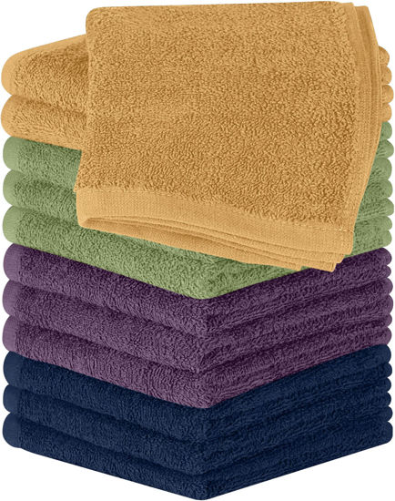 Picture of Utopia Towels 12 Pack Cotton Washcloths Set - 100% Ring Spun Cotton, Premium Quality Flannel Face Cloths, Highly Absorbent and Soft Feel Fingertip Towels (Beige, Plum, Sage Green, Navy)