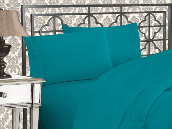 Picture of Elegant Comfort Luxurious 1500 Premium Hotel Quality Microfiber Three Line Embroidered Softest 4-Piece Bed Sheet Set, Wrinkle and Fade Resistant, Queen, Turquoise
