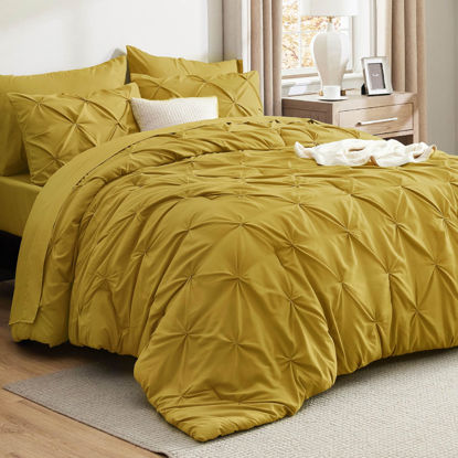 Picture of Bedsure King Size Comforter Set Mustard Yellow - Bed in a Bag King Size 7 Pieces, Pintuck Bed Set Gift for Family, Pinch Pleat Mustard Yellow Comforter with Sheets, Pillowcases & Shams