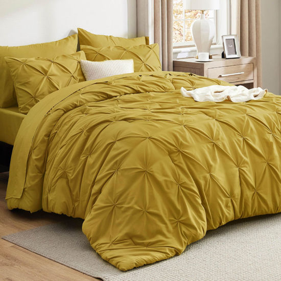 Picture of Bedsure King Size Comforter Set Mustard Yellow - Bed in a Bag King Size 7 Pieces, Pintuck Bed Set Gift for Family, Pinch Pleat Mustard Yellow Comforter with Sheets, Pillowcases & Shams