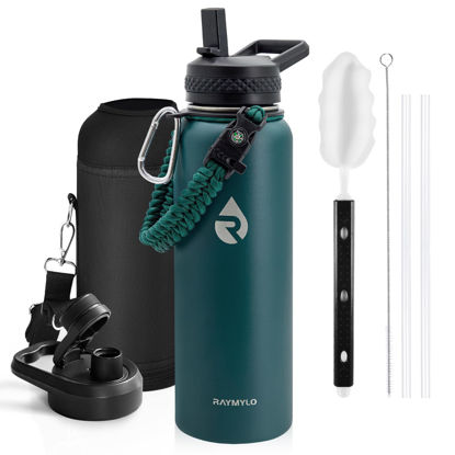 Picture of RAYMYLO Insulated Water Bottle 40 oz, Triple Wall Vacuum Stainless Steel (Cold for 48 Hrs), Leak Proof & Non-BPA, Modern Water Flask Jug with Paracord Handle & Straw Spout Lids, Dark Green