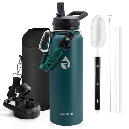 Picture of RAYMYLO Insulated Water Bottle 40 oz, Triple Wall Vacuum Stainless Steel (Cold for 48 Hrs), Leak Proof & Non-BPA, Modern Water Flask Jug with Paracord Handle & Straw Spout Lids, Dark Green