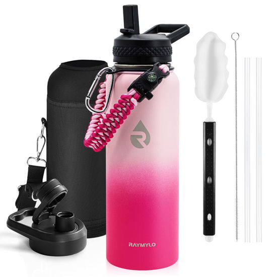 Picture of RAYMYLO Insulated Water Bottle 40 oz, Triple Wall Vacuum Stainless Steel (Cold for 48 Hrs), Leak Proof & Non-BPA, Modern Water Flask Jug with Paracord Handle & Straw Spout Lids, Ombre Pink