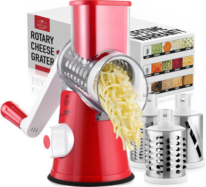 Picture of Zulay Kitchen Cheese Grater Hand Crank, Grater For Kitchen With Reinforced Suction - Rotary Cheese Grater With 3 Replaceable Stainless Steel Blades - Easy to Use & Clean - Vegetable Cutter - Red