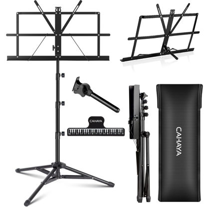 Picture of CAHAYA 2 in 1 Dual Use Folding Sheet Music Stand & Desktop Book Stand Higher Version Lightweight Portable Adjustable with Carrying Bag, Metal Music Stand with Music Sheet Clip Holder CY0305