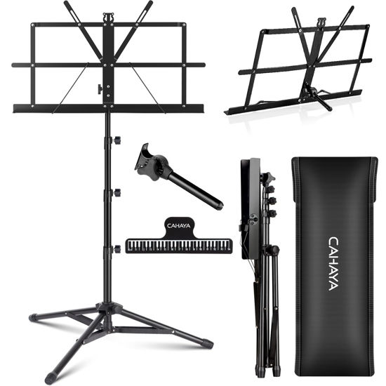 Picture of CAHAYA 2 in 1 Dual Use Folding Sheet Music Stand & Desktop Book Stand Higher Version Lightweight Portable Adjustable with Carrying Bag, Metal Music Stand with Music Sheet Clip Holder CY0305
