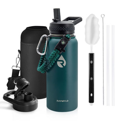 Picture of RAYMYLO Insulated Water Bottle 32 oz, Triple Wall Vacuum Stainless Steel (Cold for 48 Hrs), Leak Proof & Non-BPA, Modern Water Flask Jug with Paracord Handle & Straw Spout Lids, Dark Green
