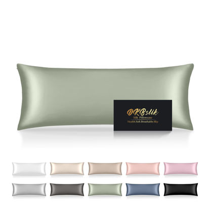Picture of Silk Body Pillow Cases, Mulberry Silk Body Pillow Cover with Zipper, Smooth, Anti Acne, Cooling Sleep Both Sides Natural Silk Satin 20x54 Body Pillowcase, Gifts for Women Men, Sage Green