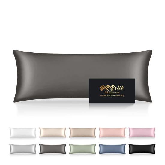 Picture of Silk Body Pillow Cases, Mulberry Silk Body Pillow Cover with Zipper, Smooth, Anti Acne, Cooling Sleep Both Sides Natural Silk Satin 20x54 Body Pillowcase, Gifts for Women Men, Dark Gray