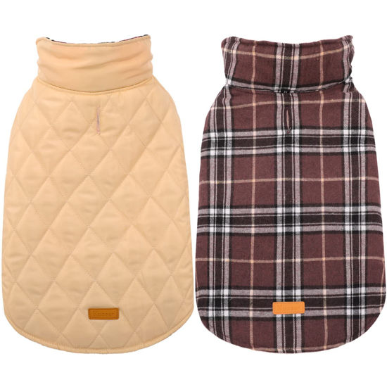 Picture of Kuoser Warm Dog Coat, Reversible Dog Jacket Waterproof Dog Winter Coat British Style Plaid Dog Clothes Pet Dog Cold Weather Coats Cozy Snow Jacket Vest for Small Medium Large Dogs Brown L