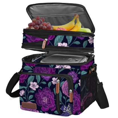 Picture of MIYCOO Lunch Bag for Women Men Double Deck Lunch Box - Leakproof Insulated Soft Large Lunch Cooler Bag, (Purple Flower,15L)