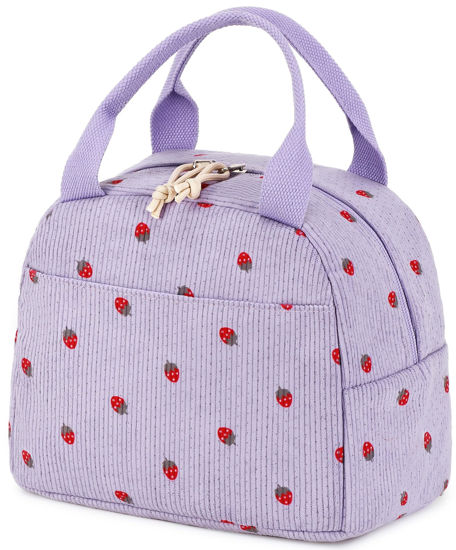 Picture of Bluboon Lunch Bag for Women Men Cute Corduroy Lunch Tote Bags Reusable Insulated Lunch Box Large Capacity Reusable Insulated Cooler for Work Picnic or Travel (Corduroy strawberry purple)