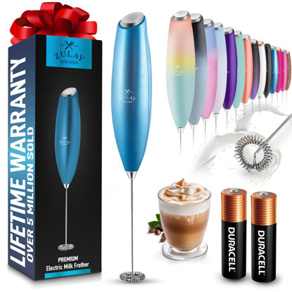 Picture of Zulay Kitchen Milk Frother Wand (2 Duracell Batteries Included) - Handheld Milk Frother - Easy-Clean Milk Frother Wand & Drink Mixer - Electric Coffee Frother for Frappe, Matcha - Metallic Blue