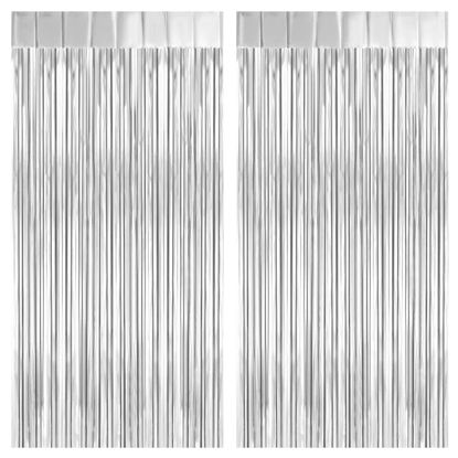 Picture of PIGETALE 2 Pack Silver Foil Fringe Curtain Backdrop, 3.2Ft x 8.2Ft Metallic Tinsel Foil Fringe Streamer Curtains for Party Photo Booth Props Bachelorette Birthday Bridal Shower Christmas Decorations