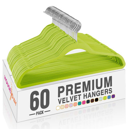 Picture of HOUSE DAY Vibrant Green Velvet Hangers 60 Pack, Non Slip Clothes Felt Hanger Heavy Duty for Coat, Premium Slim Space Saving Suit Hangers for Closet Organizer, 360° Rotating Silver Hook