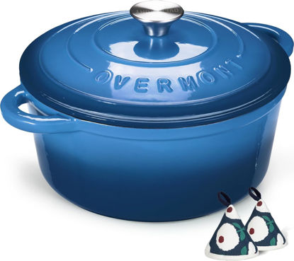Picture of Overmont Enameled Cast Iron Dutch Oven - 5.5QT Pot with Lid Cookbook & Cotton Potholders - Heavy-Duty Cookware for Braising, Stews, Roasting, Bread Baking blue
