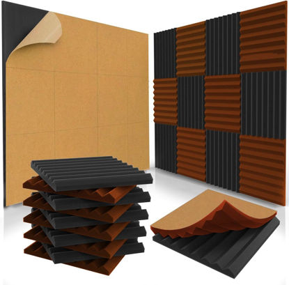 Picture of 48 Pack Self-Adhesive Acoustic Panels 1 X 12 X 12 Inches - Acoustic Foam - Studio Foam Wedges - High Density Panels - Soundproof Wedges - Black/Orange