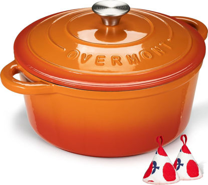 Picture of Overmont Enameled Cast Iron Dutch Oven - 5.5QT Pot with Lid Cookbook & Cotton Potholders - Heavy-Duty Cookware for Braising, Stews, Roasting, Bread Baking orange
