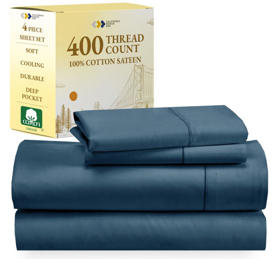 Picture of California Design Den 400 Thread Count 100% Cotton Sheets, King Size Sheet Set, Luxury Sheets & Pillowcases, Breathable Bedding for King Bed, Sateen, King Bed Sheets with Deep Pockets (Peacock Blue)