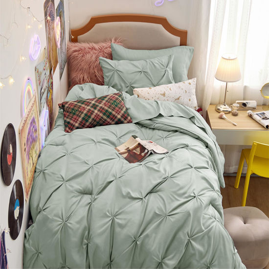 Picture of Bedsure Twin Comforter Set Sage Green - Bed in a Bag Twin Size 5 Pieces, Pintuck Bed Set Gift for Family, Pinch Pleat Sage Green Comforter with Sheets, Pillowcase & Sham