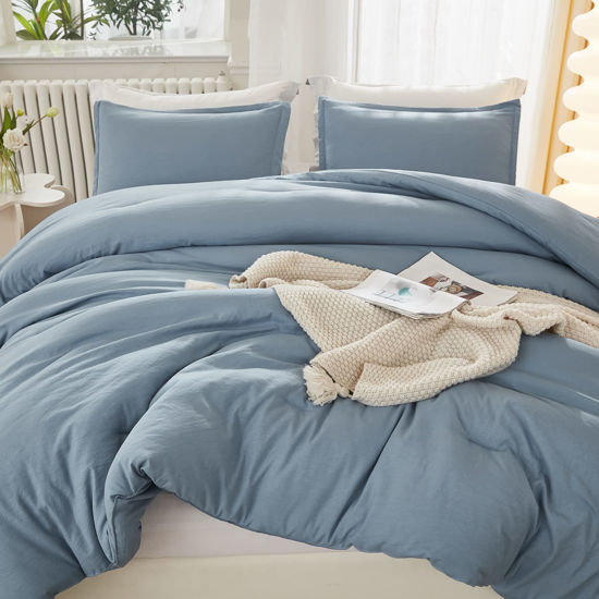 Picture of Litanika Oversized King Comforter Set Grayish Blue Super King Size, 3 Pieces Lightweight Solid Bedding Comforter Set, All Season Fluffy Bed Set (120x120In Comforter & 2 Pillowcases)