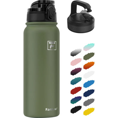 Picture of Fanhaw 20 Oz Insulated Stainless Steel Water Bottle with 2 Lids (Chug Lid& Carabiner Lid) - For Kids, Women, Men | Leak & Sweat Proof with Anti-Dust Lid (Olive Green)
