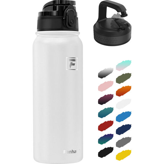 Picture of Fanhaw 20 Oz Insulated Stainless Steel Water Bottle with 2 Lids (Chug Lid& Carabiner Lid) - For Kids, Women, Men | Leak & Sweat Proof with Anti-Dust Lid (White)