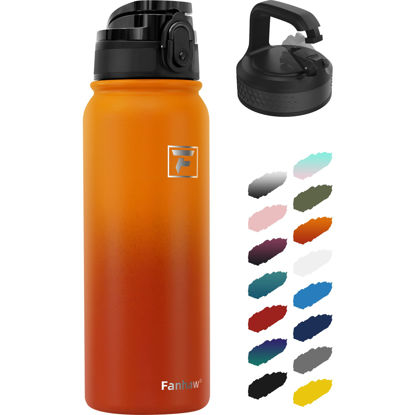Picture of Fanhaw 20 Oz Insulated Stainless Steel Water Bottle with 2 Lids (Chug Lid& Carabiner Lid) - For Kids, Women, Men | Leak & Sweat Proof with Anti-Dust Lid (Yellow Orange)