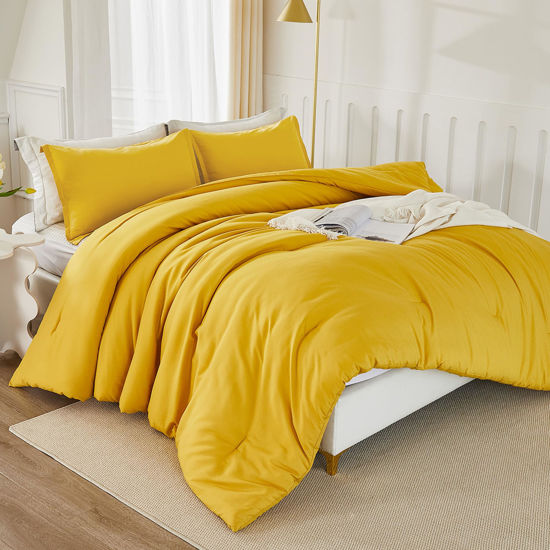 Picture of Litanika Mustard Yellow Comforter Set Twin Size, 2 Pieces Lightweight Solid Bedding Set & Collections, All Season Fluffy Bed Set (66x90In Comforter & 1 Pillowcase)