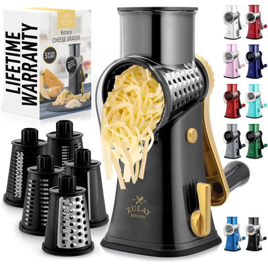 Picture of Zulay Kitchen Rotary Cheese Grater 5 Blade Cheese Shredder - Manual Hand Crank Cheese Grater With Reinforced Suction & 5 Interchangeable Drums - Easy to Use, Vegetable Chopper Round Mandoline Slicer