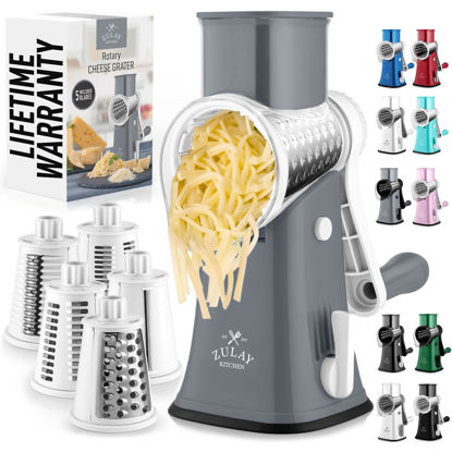 Picture of Zulay Kitchen Rotary Cheese Grater 5 Blade Cheese Shredder - Manual Hand Crank Cheese Grater With Reinforced Suction & 5 Interchangeable Drums - Easy to Use, Vegetable Chopper Round Mandoline Slicer