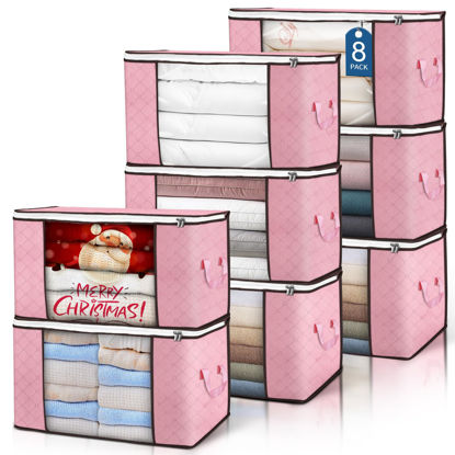 Picture of 90 L Large Storage Bags, 8 Pack Clothes Storage Bins Foldable Closet Organizer Storage Containers with Durable Handle Storage and Organization, Blanket, Comforters, Bed Sheets, Pillows and Toys (Pink)