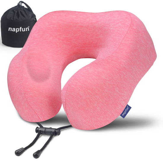 Picture of napfun Neck Pillow for Traveling, Upgraded Travel Neck Pillow for Airplane 100% Pure Memory Foam Travel Pillow for Flight Headrest Sleep, Portable Plane Accessories, Rose