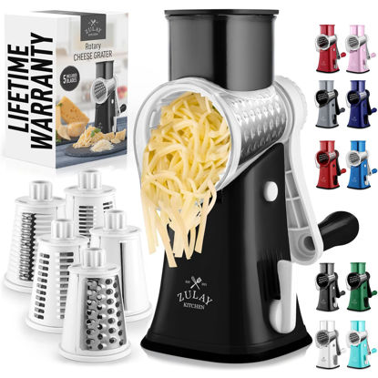 Picture of Zulay Kitchen Rotary Cheese Grater 5 Blade Cheese Shredder - Manual Hand Crank Cheese Grater With Reinforced Suction & 5 Interchangeable Drums - Easy to Use, Vegetable Chopper Round Mandoline Slicer