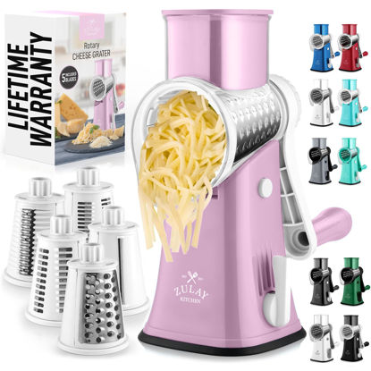 Picture of Zulay Kitchen Rotary Cheese Grater 5 Blade Cheese Shredder - Manual Hand Crank Cheese Grater With Reinforced Suction & 5 Interchangeable Drums - Easy to Use, Vegetable Chopper Round Mandoline Slicer