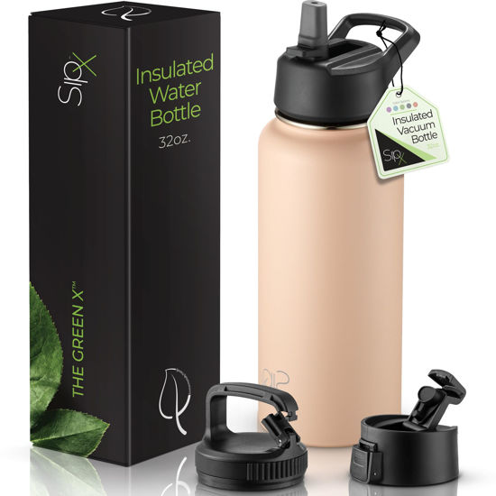 Picture of SipX™ Triple-Insulated Stainless Steel Water Bottle 32oz. With 3 Lids, BPA-Free Reusable Insulated Water Bottle Keeps Cold 24 Hours, Metal Water Bottle Made Of Sustainable Material For Hiking & Biking
