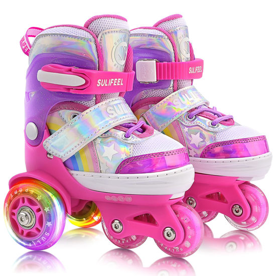 Picture of SULIFEEL Rainbow Unicorn 4 Size Adjustable Light up Roller Skates for Girls and Boys for Toddler Rose Pink X-Small