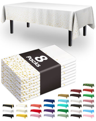 Picture of Pureegg Plastic Table Cloth Disposable - 8 Packs, Table Cloth for Retangle Table, 54"x108" Decorative Tablecloth for Parties, Picnics, Camping, Waterproof & Stain-Resistant, White and Gold