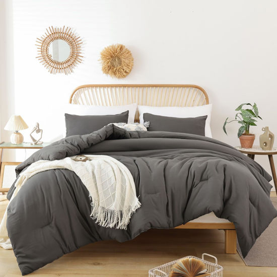 Picture of ROSGONIA Oversized King Comforter 128x120, 3pcs Super King Plus (1 Dark Gray Comforter & 2 Pillowcases) Lightweight Oversized King Bedding Set Blanket