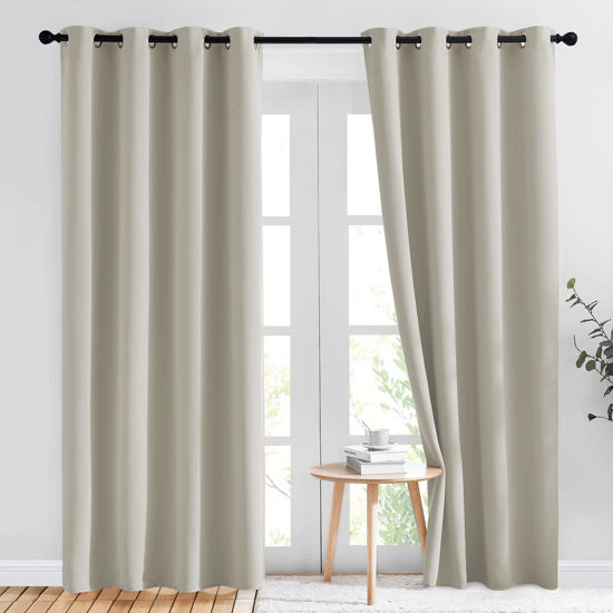 Picture of NICETOWN Blackout Curtains & Drapes for Living Room - Thermal Insulated Solid Grommet Sound Reducing Energy Saving Window Treatments for Porch/Hall, Natural, 2 Panels, W52 x L84