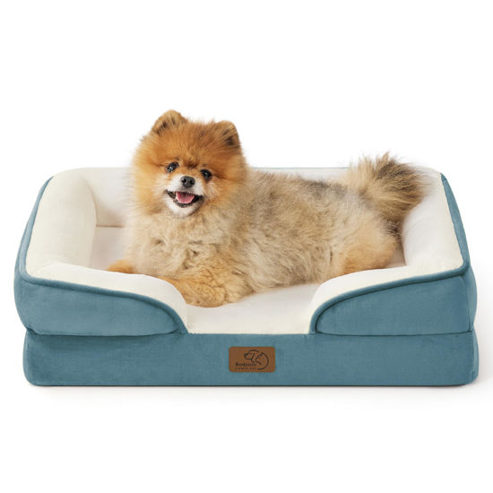 Picture of Bedsure Small Orthopedic Dog Bed - Washable Bolster Dog Sofa Beds for Small Dogs, Supportive Foam Pet Couch Bed with Removable Washable Cover, Waterproof Lining and Nonskid Bottom Couch, Blue