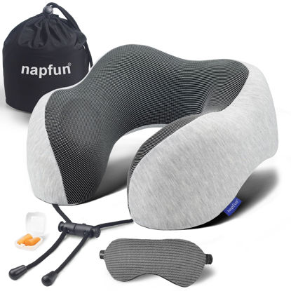 Picture of napfun Neck Pillow for Traveling, Travel Neck Pillow for Airplane 100% Pure Memory Foam Travel Pillow for Flight Headrest Sleep, Portable Plane Accessories, Light Grey Set