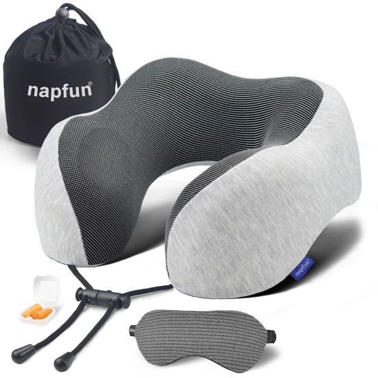 Picture of napfun Neck Pillow for Traveling, Travel Neck Pillow for Airplane 100% Pure Memory Foam Travel Pillow for Flight Headrest Sleep, Portable Plane Accessories, Light Grey Set