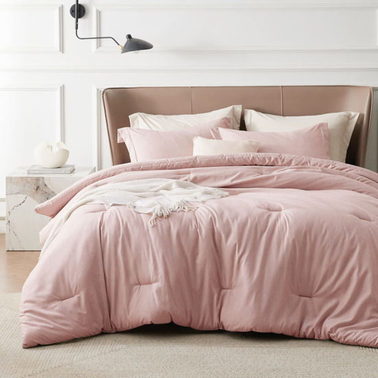 Picture of Bedsure Queen Comforter Set - Pink Comforter Queen Size, Soft Bedding for All Seasons, Cationic Dyed Bedding Set, 3 Pieces, 1 Comforter (90"x90") and 2 Pillow Shams (20"x26"+2")